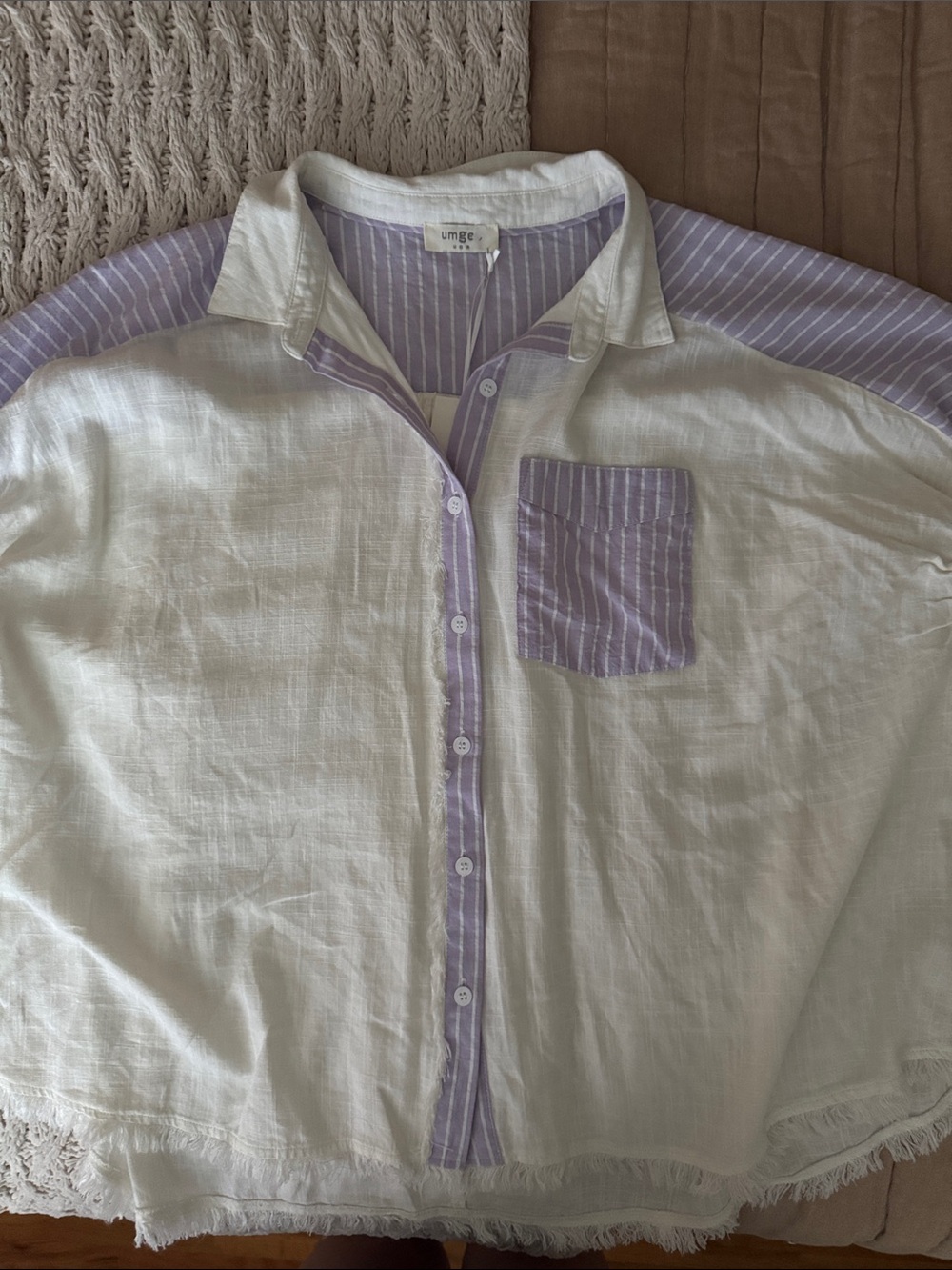 Umgee White Button-Down with Lavender Stripe Accents